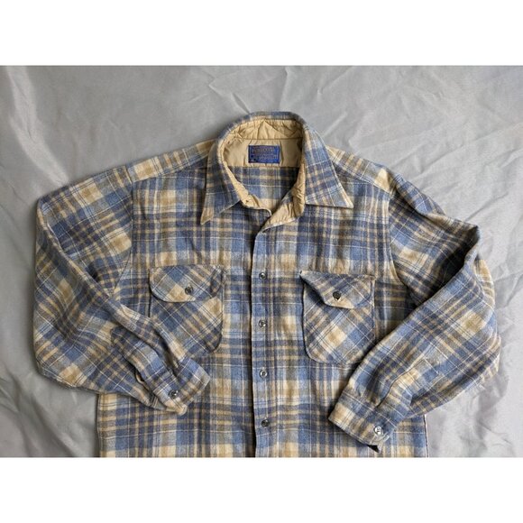 Vintage Pendleton Flannel Shirt Blue & Beige Virgin Wool Button Up Mens Size L - Picture 2 of 7